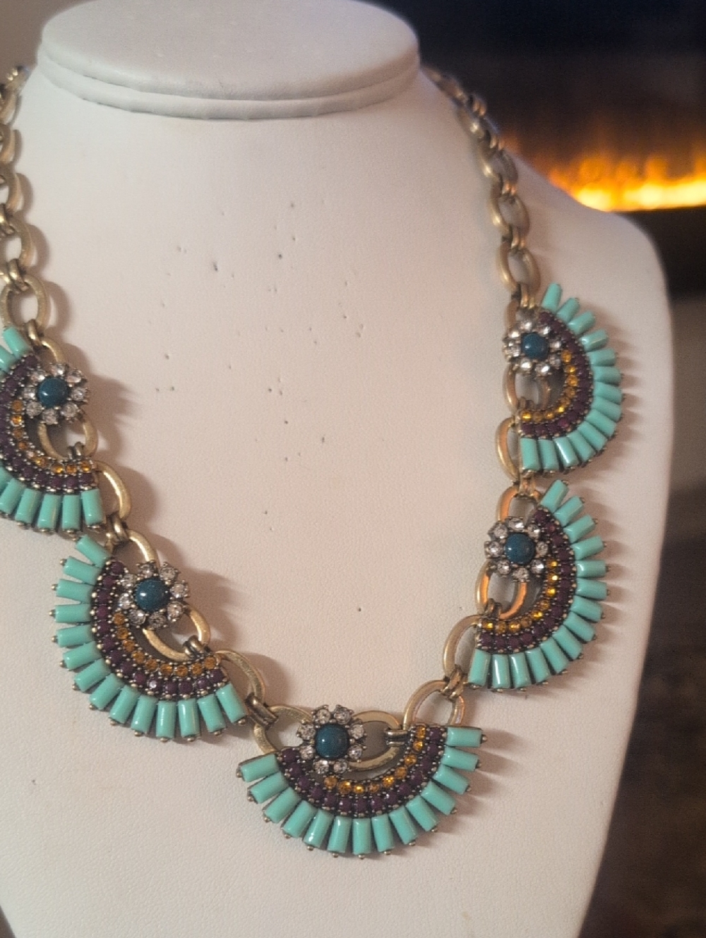 J. Crew Turquoise Fan Statement Necklace W Beads - Rhinestones